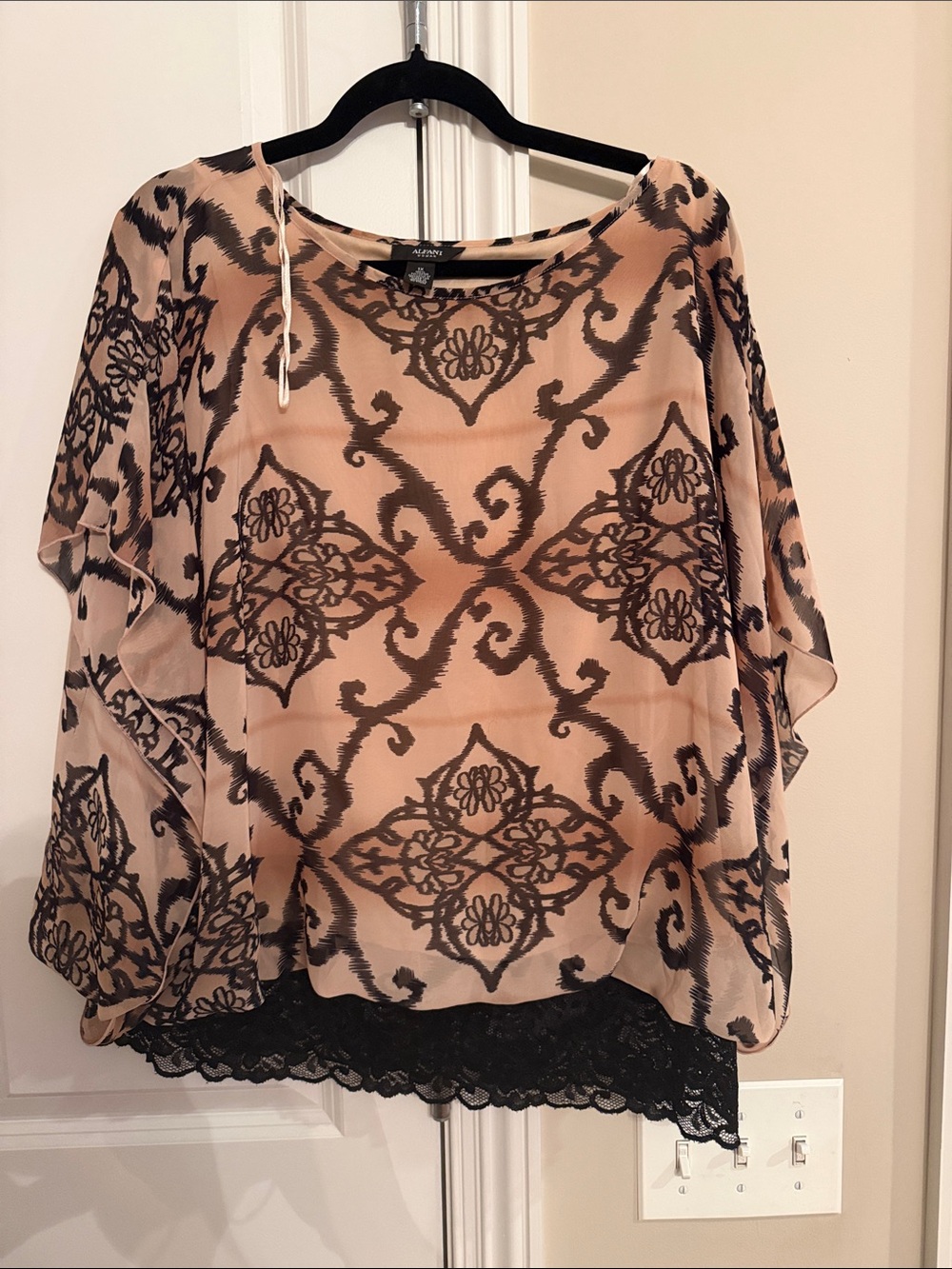Alfani Beige Printed Overlay Tunic with Black Lace Hem